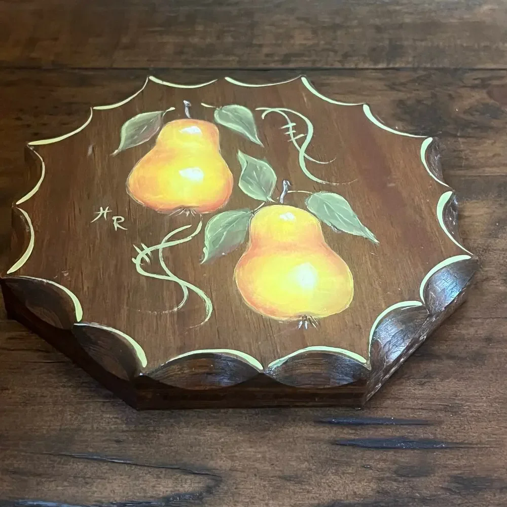 Vintage 70s Hand Painted Pear Wall Plaque Folk Art Signed Texas Kitchen Decor